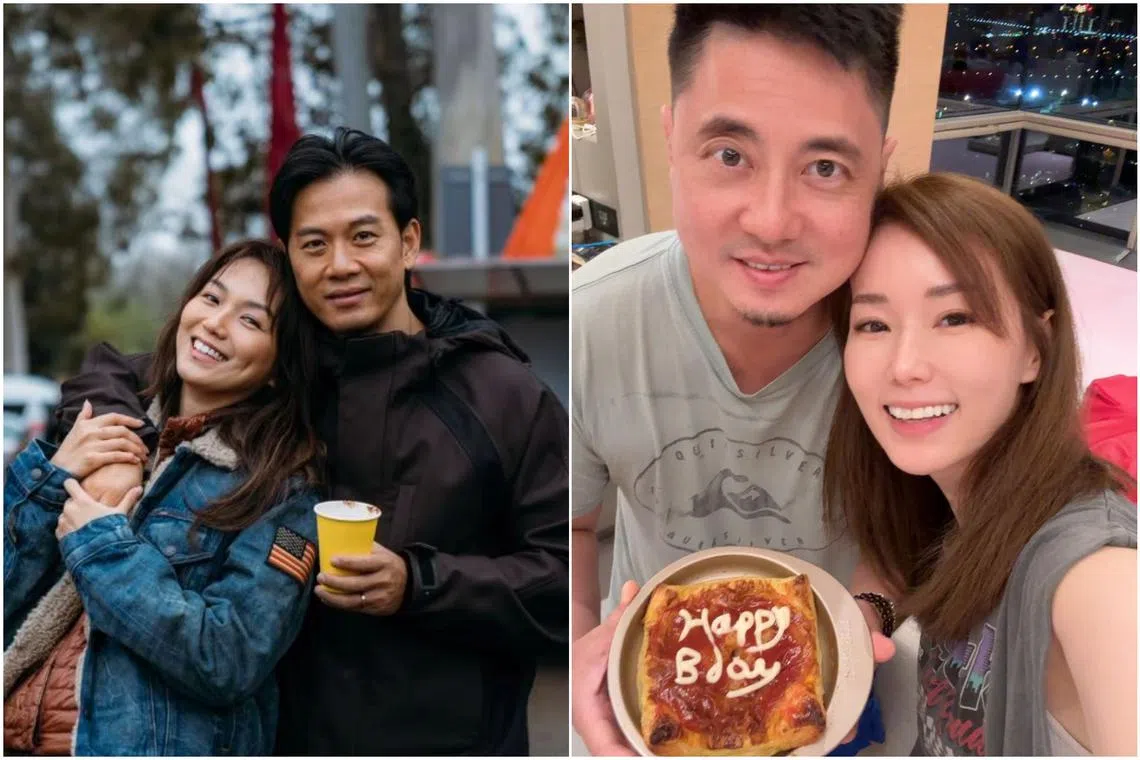 Celebrity couples (from left) Joanne Peh and her husband Qi Yuwu and Alex Tien and his wife Yvonne Lim marked 10 years of marriage.