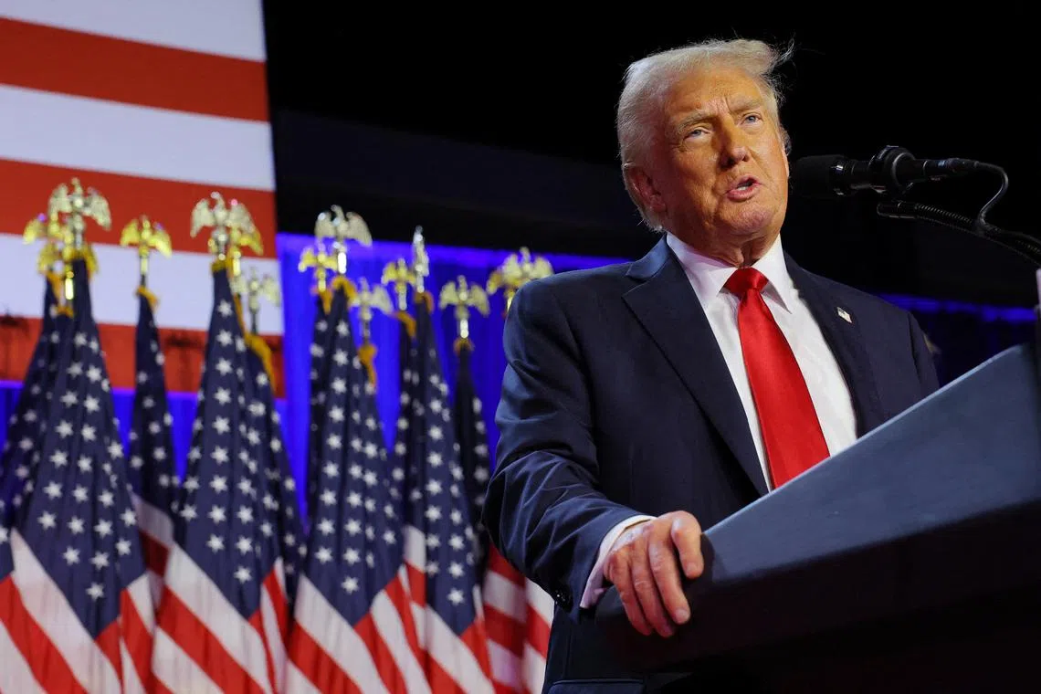 FILE PHOTO: Republican presidential nominee and former U.S. President Donald Trump addresses supporters at his rally, at the Palm Beach County Convention Center in West Palm Beach, Florida, U.S., November 6, 2024. REUTERS/Brian Snyder/File Photo