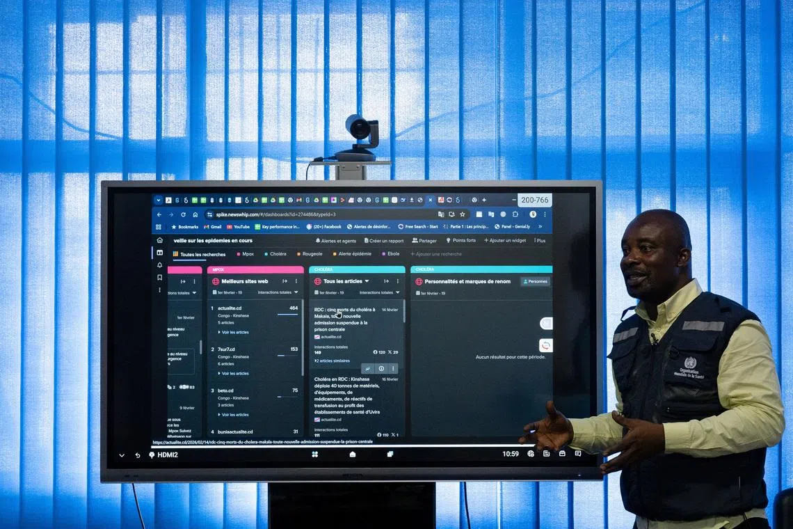 Dr. Bavon Tangunza Ngunga, who counters health misinformation, speaks during a demonstration of infodemic applications at the WHO (World Health Organization) headquarters, in Kinshasa, Democratic Republic of Congo February 23, 2026. REUTERS/Arsene Mpiana