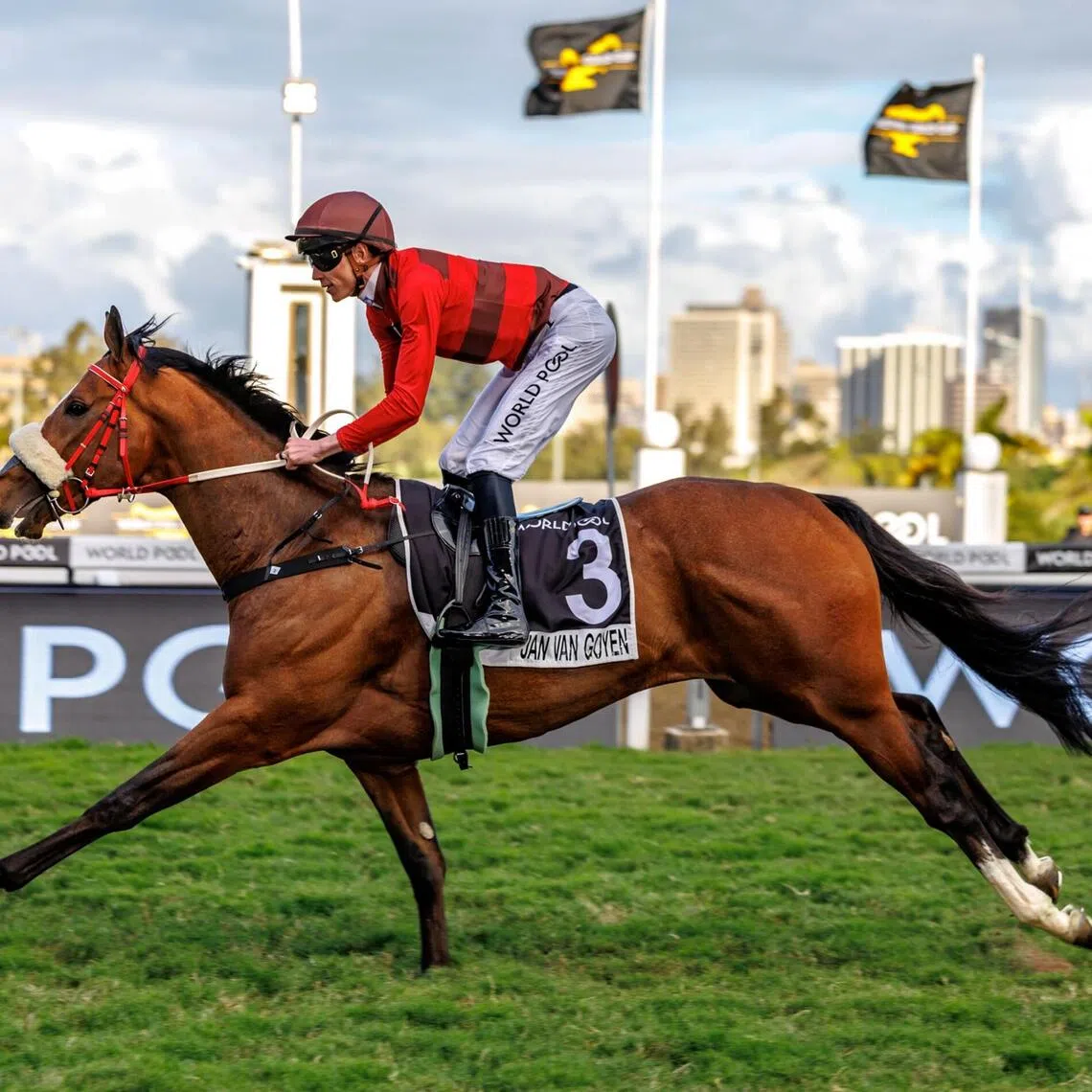 Jan Van Goyen (Callan Murray) scoring an easy win in the Grade 1 Champion Stakes (1,600m) at Greyville on July 27.

