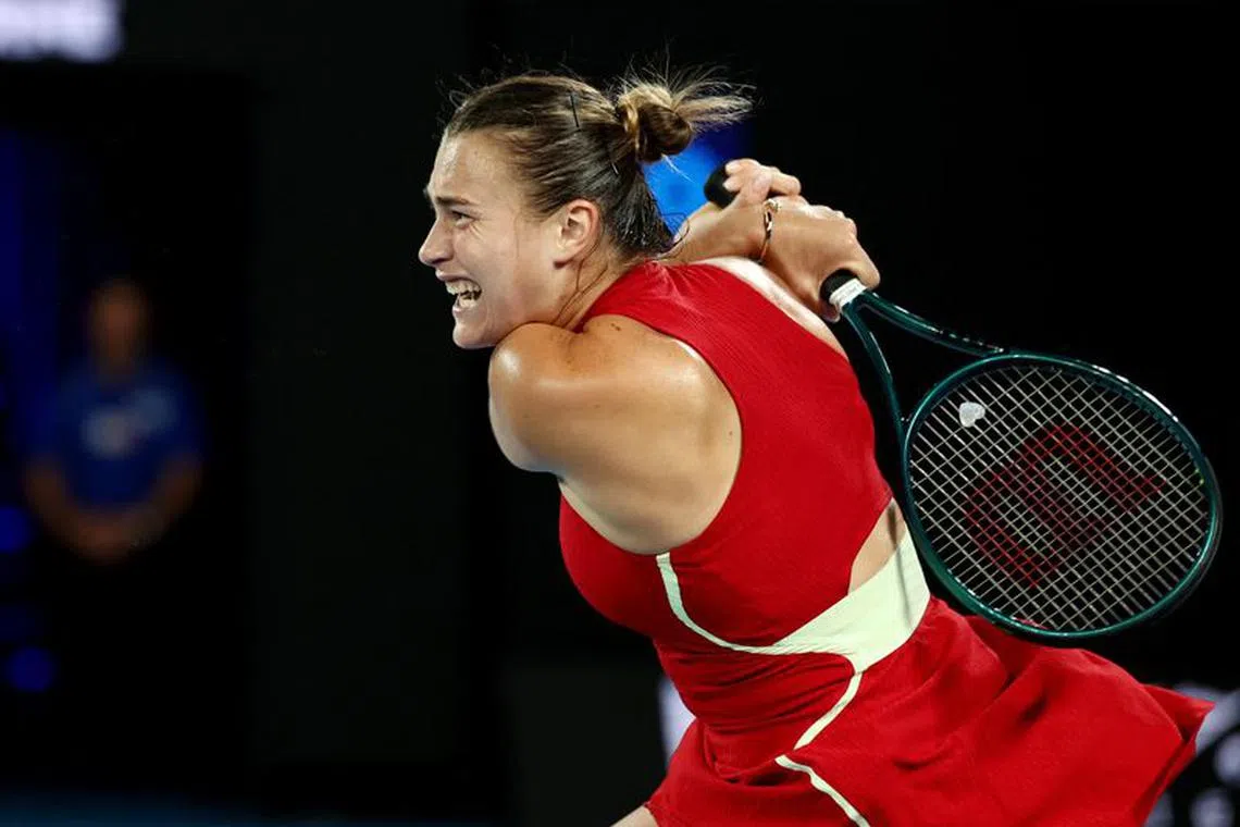 Tennis - Australian Open - Melbourne Park, Melbourne, Australia - January 25, 2024 Belarus' Aryna Sabalenka in action during her semi final match against Coco Gauff of the U.S. REUTERS/Eloisa Lopez