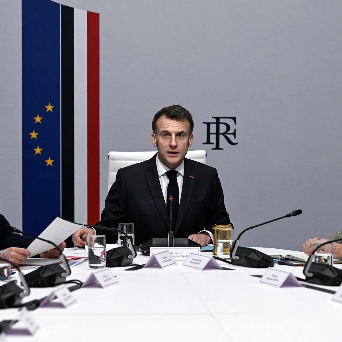 France's President Emmanuel Macron addresses a national defence council meeting at The Elysee Presidential Palace following U.S. and Israeli strikes on Iran, in Paris, France February 28, 2026. Anna Kurth/Pool via REUTERS