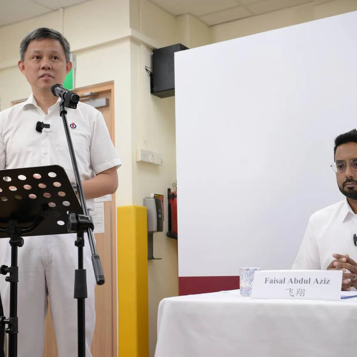 Education Minister Chan Chun Sing at the PAP’s introduction of candidates for Aljunied GRC on April 13. One of the new candidates, Dr Faisal Abdul Aziz, is on the right.