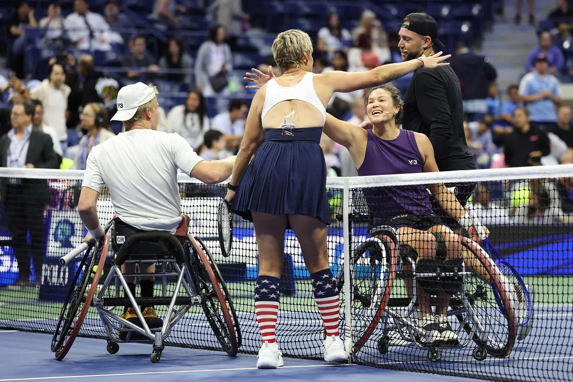 Bethanie Mattek-Sands and Casey Ratzlaff greet Dana Mathewson and Jack Sock after the Stars of the Open exhibition match ahead of the 2025 US Open at USTA Billie Jean King National Tennis Centre on Aug 21, 2025 in New York City.