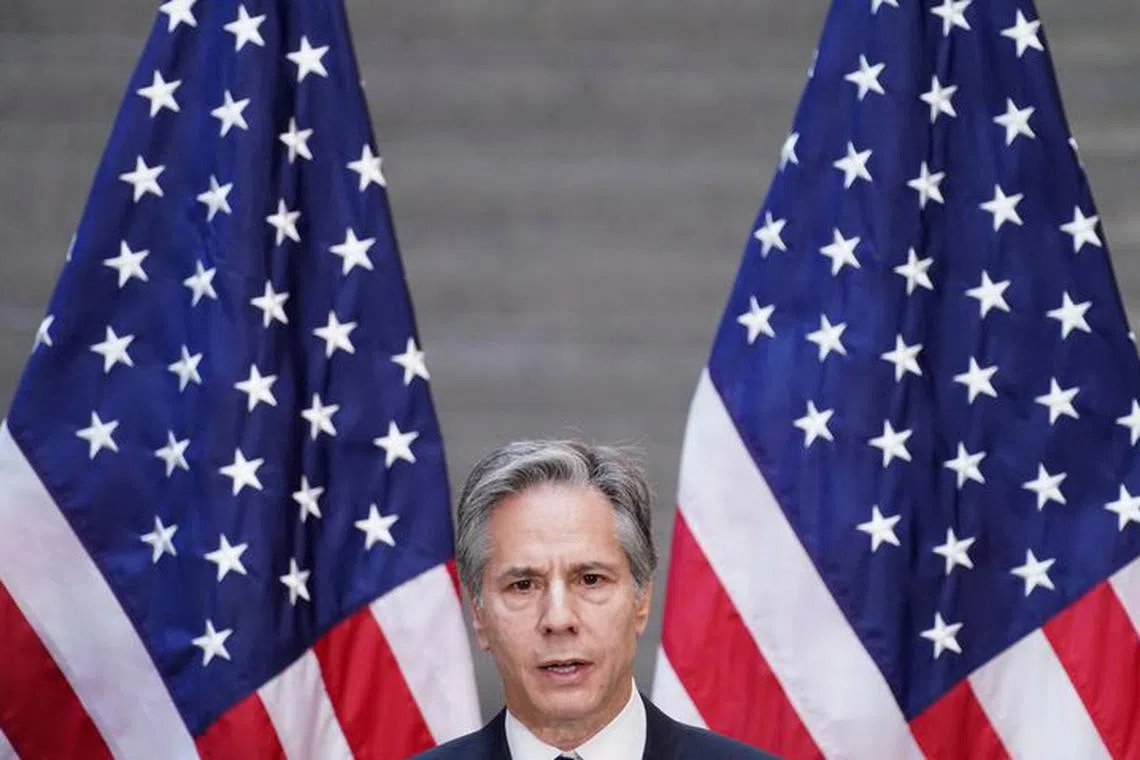 FILE PHOTO: U.S. Secretary of State Antony Blinken speaks after viewing the \"Burma's Path To Genocide\" exhibit at the United States Holocaust Memorial Museum in Washington, U.S., March 21, 2022.   REUTERS/Kevin Lamarque/Pool/File Photo