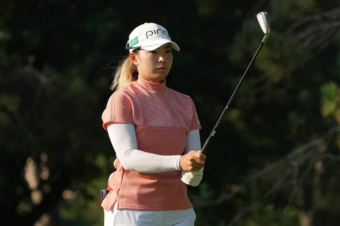 SYLVANIA, OHIO - JULY 14: Hinako Shibuno of Japan lines up a shot from the second tee during the second round of the Dana Open at Highland Meadows Golf Club on July 14, 2023 in Sylvania, Ohio.   Dylan Buell/Getty Images/AFP (Photo by Dylan Buell / GETTY IMAGES NORTH AMERICA / Getty Images via AFP)