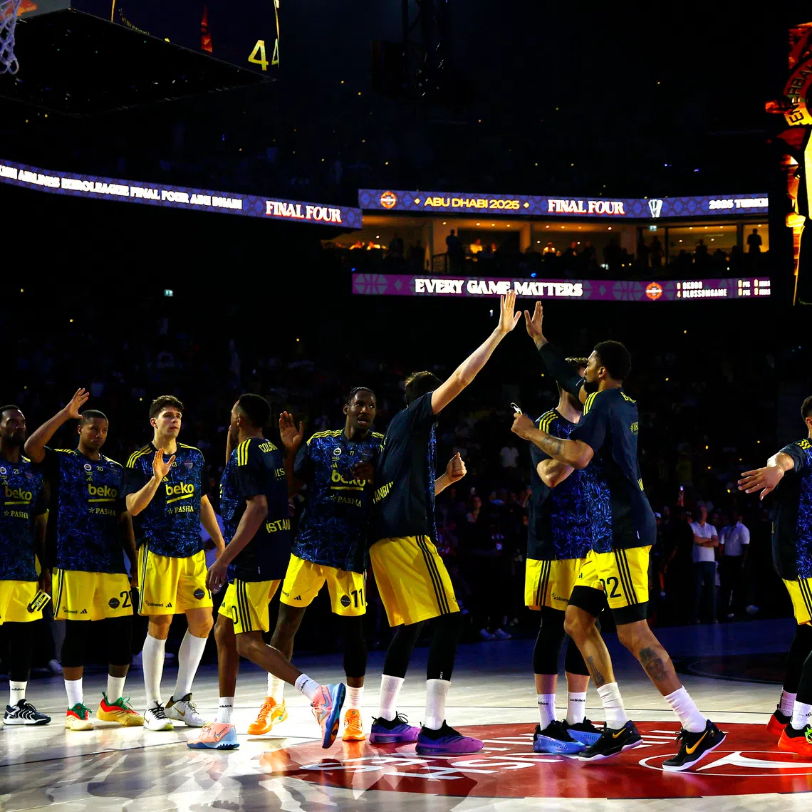 FILE PHOTO: Basketball - EuroLeague Final Four - Final - AS Monaco v Fenerbahce - Etihad Arena, Abu Dhabi, United Arab Emirates - May 25, 2025 Fenerbahce players before the match REUTERS/Rula Rouhana/File Photo