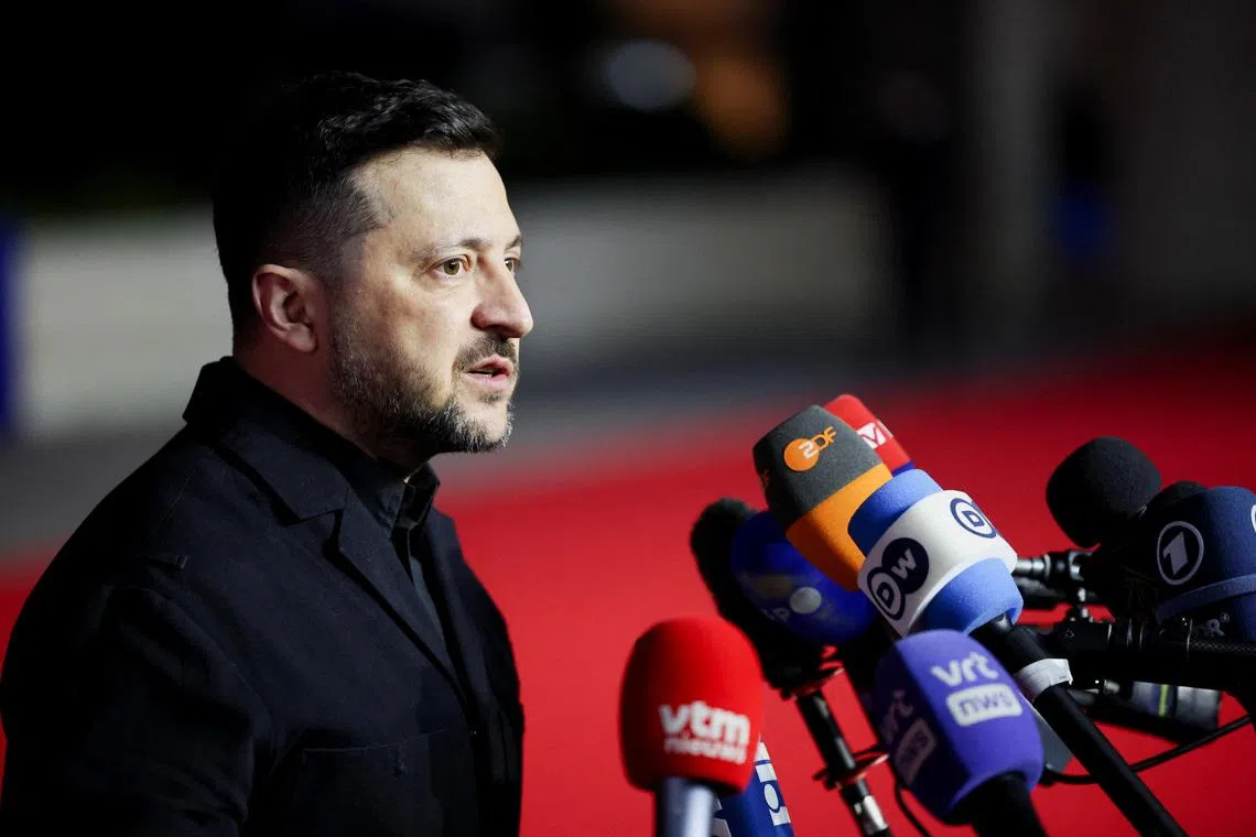 Ukraine's President Volodymyr Zelenskiy speaks to the media as he arrives to attend an informal European leaders' summit in Ayia Napa, Cyprus April 23, 2026. REUTERS/Yiannis Kourtoglou