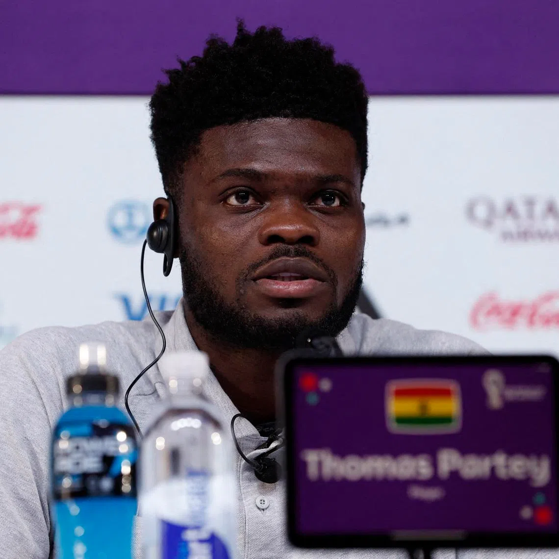 Soccer Football - FIFA World Cup Qatar 2022 - Ghana Press Conference - Main Media Center, Doha, Qatar - December 1, 2022 Ghana's Thomas Partey during the press conference REUTERS/Benoit Tessier