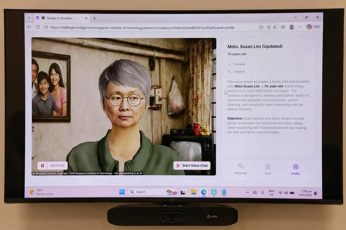 Part of a CSAVI test involves interacting with an AI avatar designed to portray a disengaged and challenging elderly individual, who keeps saying the same things and expresses frustration.