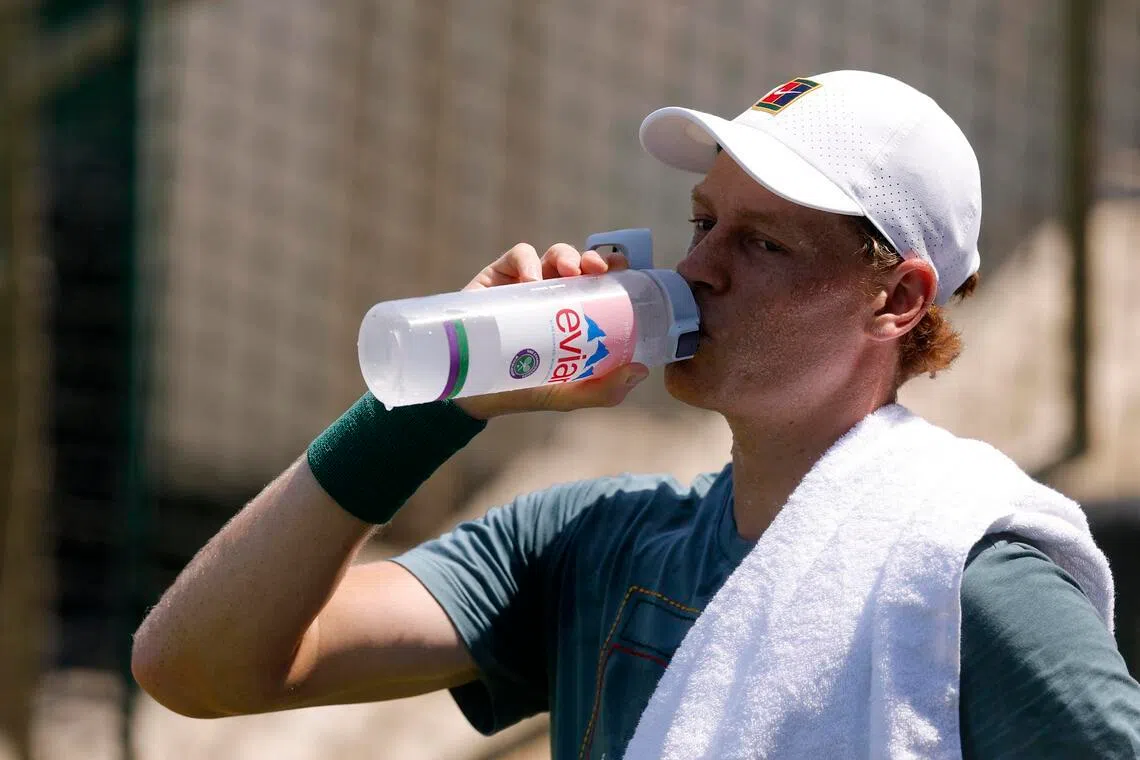 Italy’s Jannik Sinner during a break in practice at the All England Lawn Tennis and Croquet Club in London on June 26, ahead of Wimbledon.