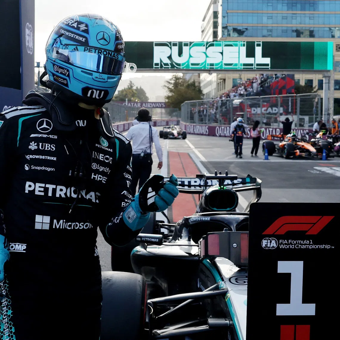 Formula One F1 - Azerbaijan Grand Prix - Baku City Circuit, Baku, Azerbaijan - September 25, 2026 Mercedes' George Russell celebrates after qualifying in pole position REUTERS/Jakub Porzycki