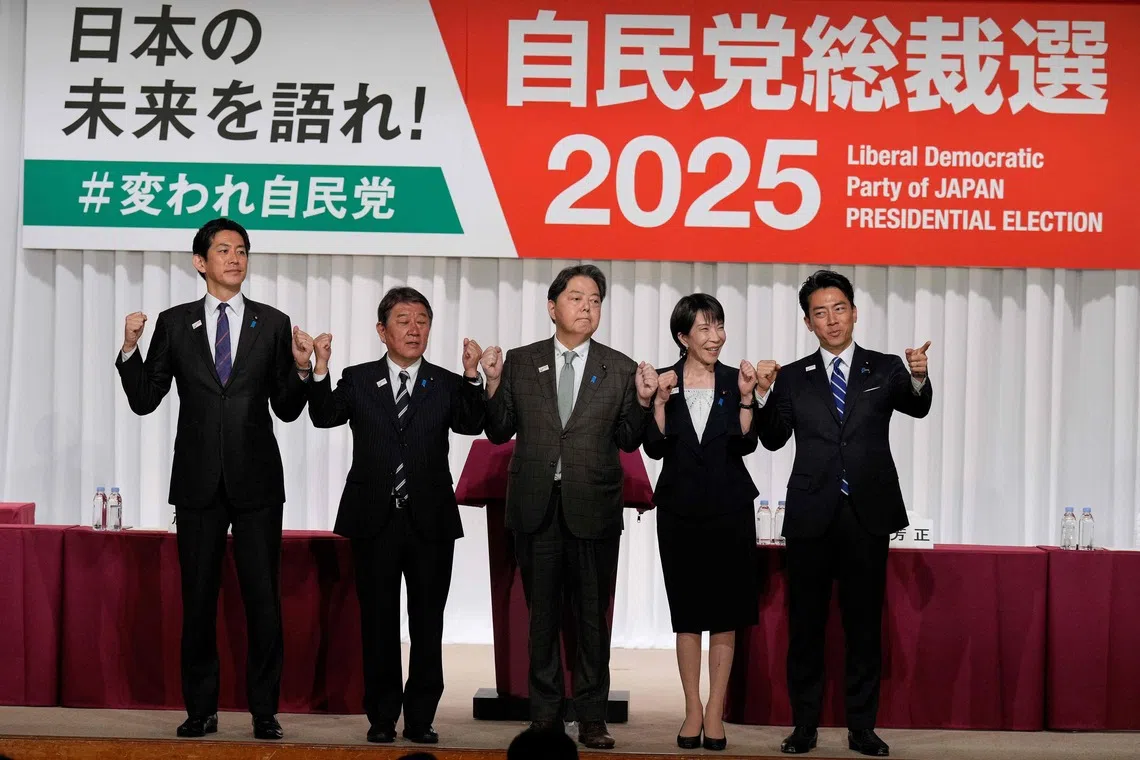 (From left) Japan's former economic security minister Takayuki Kobayashi, former foreign minister Toshimitsu Motegi, Chief Cabinet Secretary Yoshimasa Hayashi, former economic security minister Sanae Takaichi and Agriculture Minister Shinjiro Koizumi at a press conference in Tokyo on Sept 23.