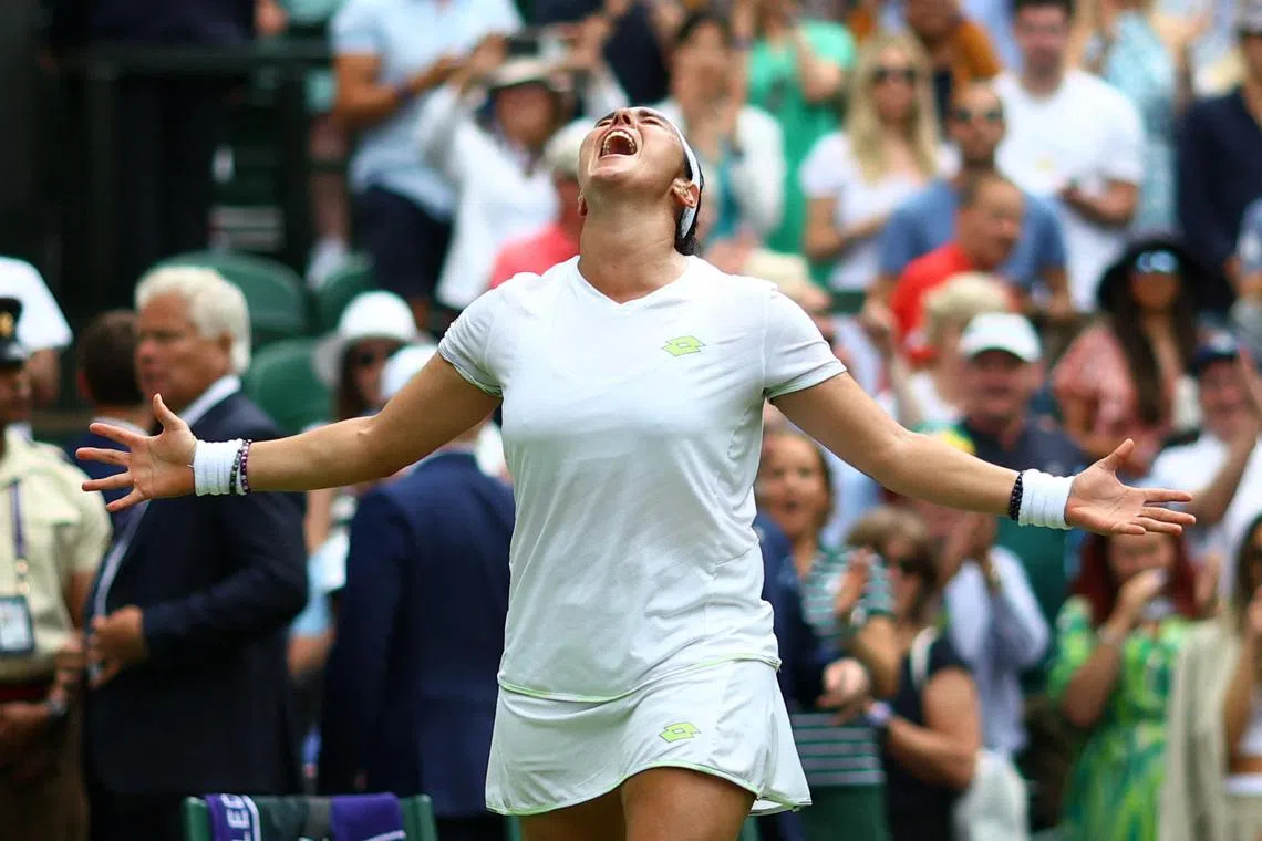 Tunisia's Ons Jabeur celebrating after winning her Wimbledon quarter-final match against Kazakhstan's Elena Rybakina at the All England Club on Wednesday.