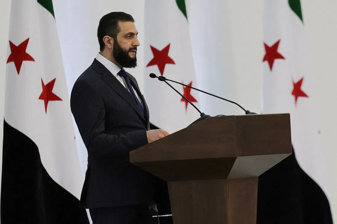 Syria's interim President Ahmed al-Sharaa speaks during a Ministerial formation of the government of the Syrian Arab Republic, in Damascus, Syria March 29, 2025. REUTERS/Khalil Ashawi
