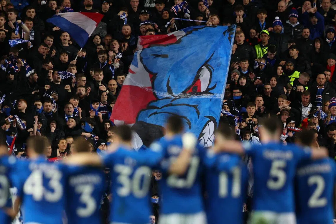 FILE PHOTO: Soccer Football - Europa League - Round of 16 - Second Leg - Rangers v Fenerbahce - Ibrox, Glasgow, Scotland, Britain - March 13, 2025 Rangers fans during the penalty shoot-out Action Images via Reuters/Craig Brough/File Photo