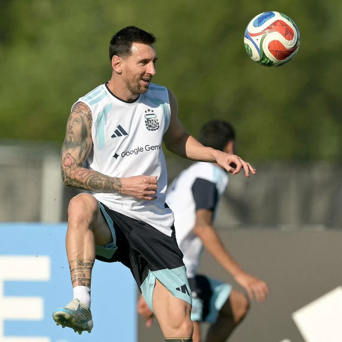 Argentina's forward #10 Lionel Messi kicks the ball in a training session during the 2026 World Cup football tournament at Sporting KC Training Centre in Kansas City on June 24, 2026. (Photo by JUAN MABROMATA / AFP)