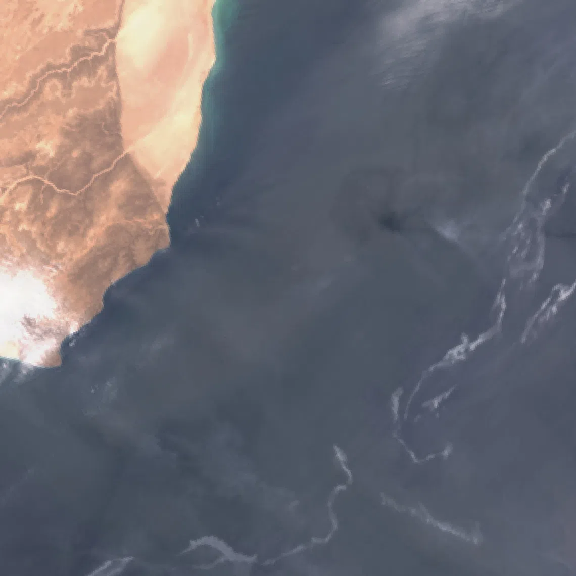 A satellite image showing an oil spill off the coast of Oman, on Aug 11, 2026.