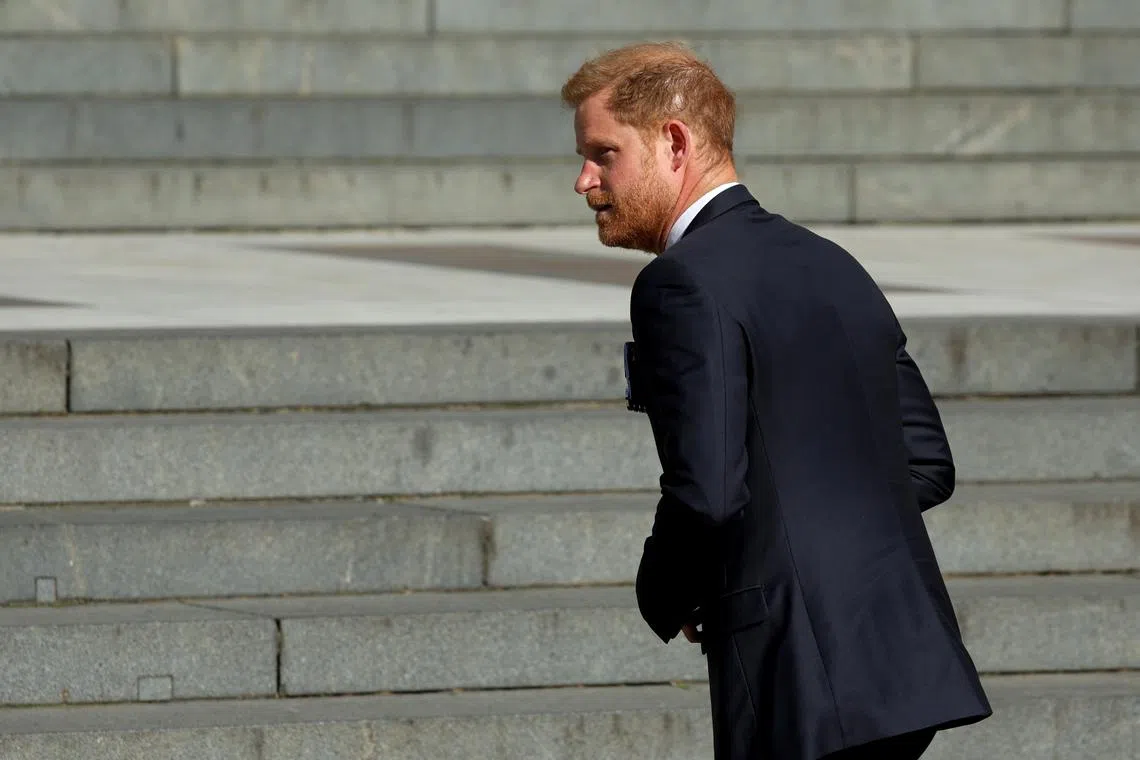 Britain's Prince Harry arrives to attend the Invictus Games Foundation 10th Anniversary Service of Thanksgiving at St Paul’s Cathedral, in London, Britain, May 8, 2024. REUTERS/Toby Melville
