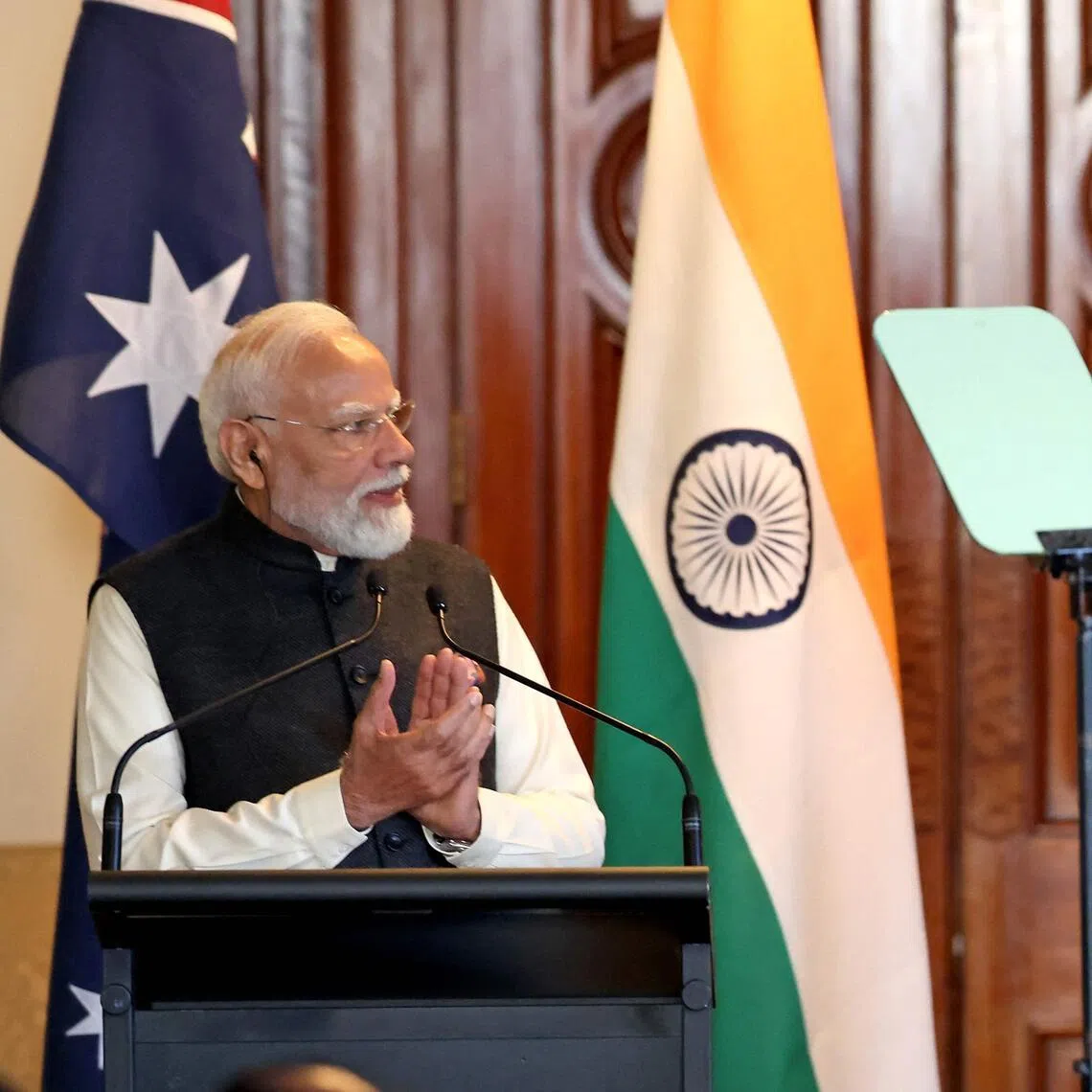Australian PM Anthony Albanese (right) with the visiting Indian PM Narendra Modi at a press conference at Government House Victoria in Melbourne, on July 9.