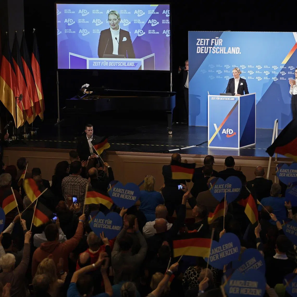 Alternative for Germany (AfD) party and faction co-chairwoman and top candidate for the federal election Alice Weidel delivering a speech during an election campaign event in Heidenheim, Germany on Feb 9. 