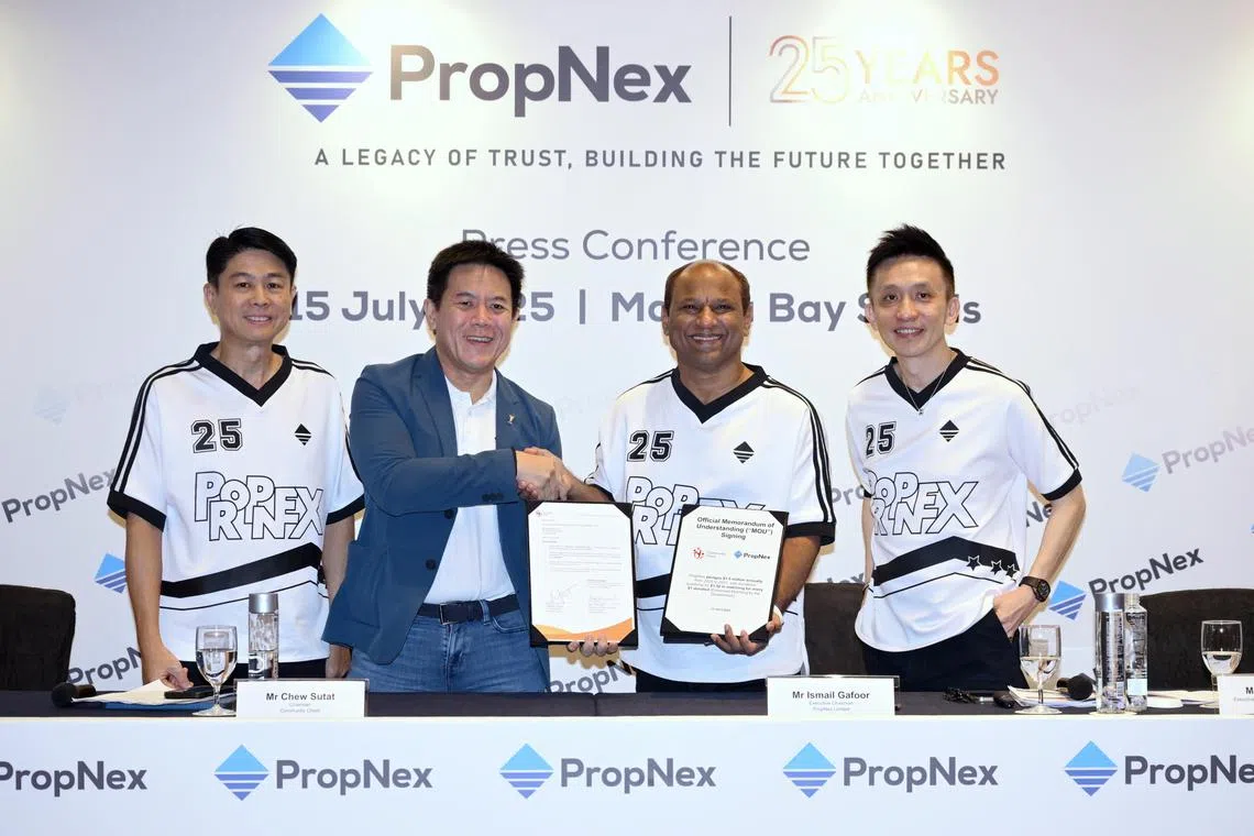 (L-R) Co-founder, PropNex Limited, Mr. Alan Lim, Chairman of Community Chest, Mr. Chew Sutat, Executive Chairman, PropNex Limited, Mr. Ismail Gafoor and Executive Director and CEO, PropNex Limited, Mr. Kelvin Fong at a MOU-signing ceremony on July 15, 2025.