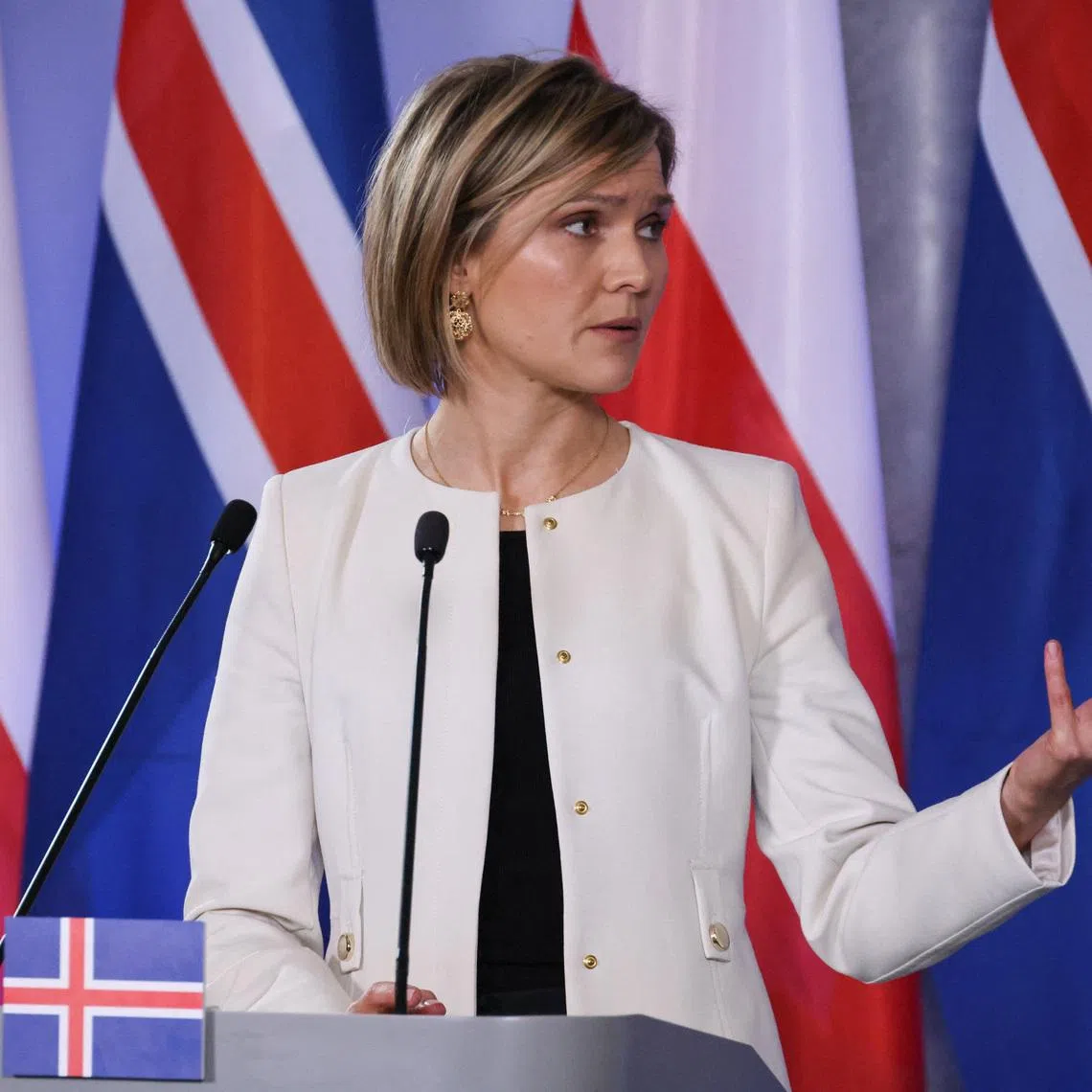 Iceland's Prime Minister Kristrun Frostadottir gestures during a press conference in Warsaw, Poland, February 25, 2026. REUTERS/Kuba Stezycki