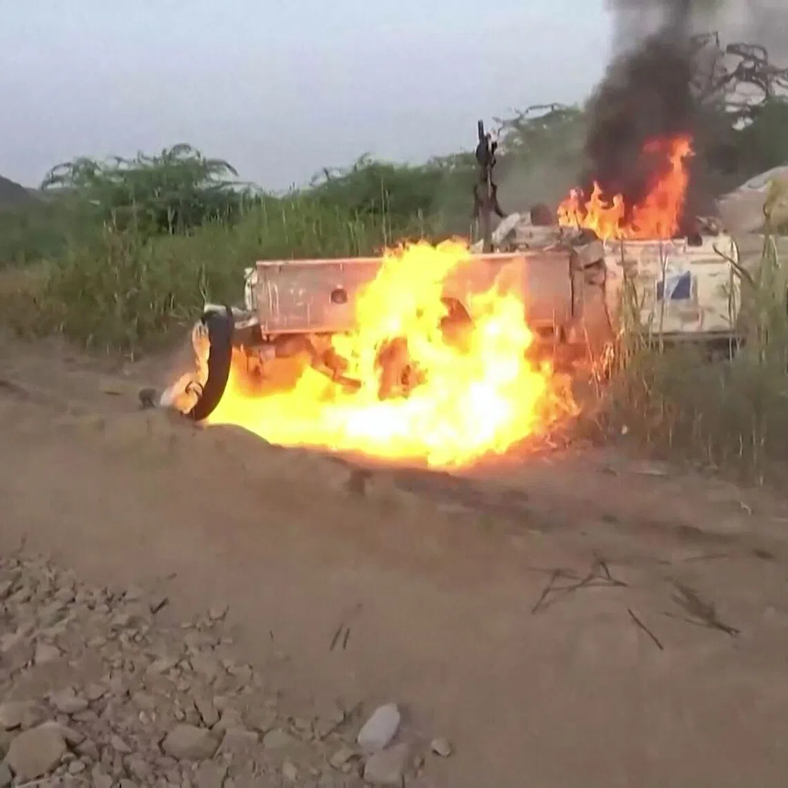 An undated video footage released on Sept 12 purportedly showing a truck belonging to Saudi-backed forces burning after Houthi fighters set it on fire.