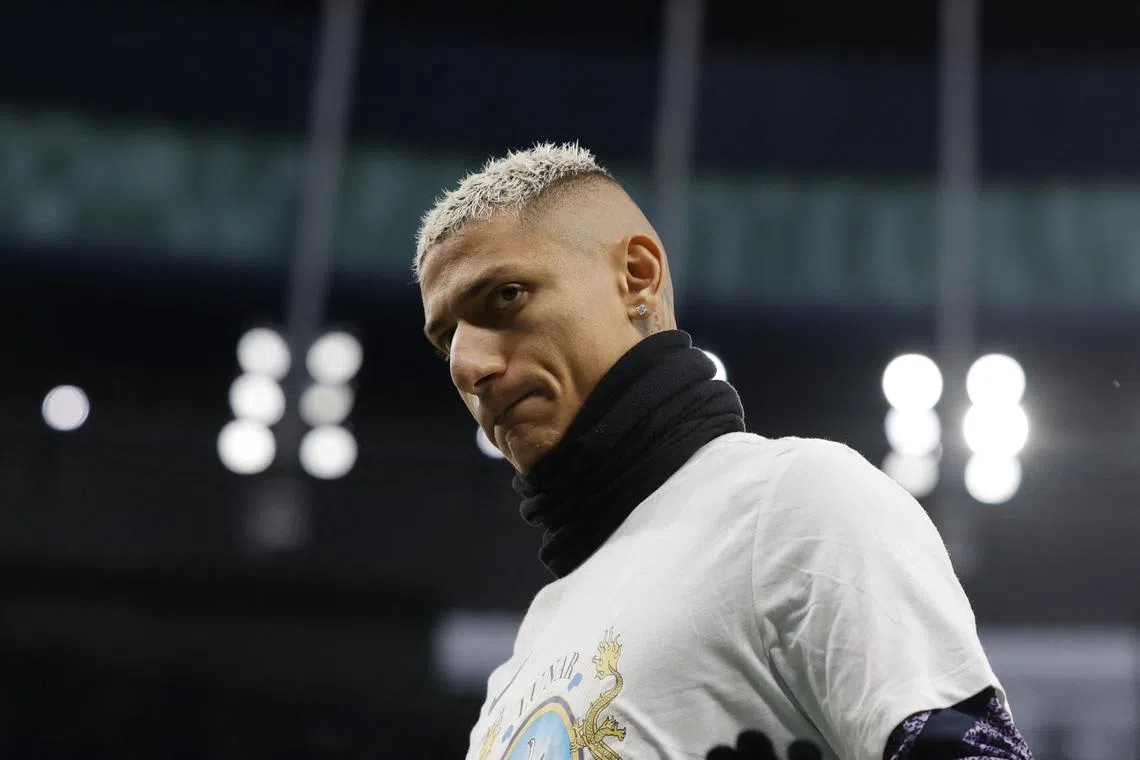 FILE PHOTO: Soccer Football - Premier League - Tottenham Hotspur v Brighton & Hove Albion - Tottenham Hotspur Stadium, London, Britain - February 10, 2024 Tottenham Hotspur's Richarlison during the warm up before the match Action Images via Reuters/Andrew Couldridge/File Photo