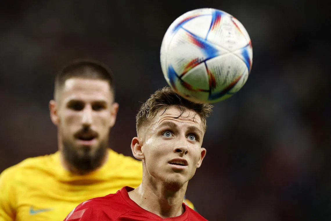 FILE PHOTO: Soccer Football - FIFA World Cup Qatar 2022 - Group D - Australia v Denmark - Al Janoub Stadium, Al Wakrah, Qatar - November 30, 2022 Denmark's Jesper Lindstrom in action during the match REUTERS/John Sibley/File Photo