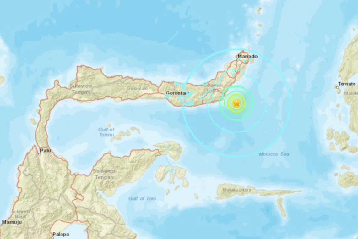The tremor hit at 6.55am at a depth of 10 km with the epicentre offshore near North Sulawesi province, according to the USGS.
