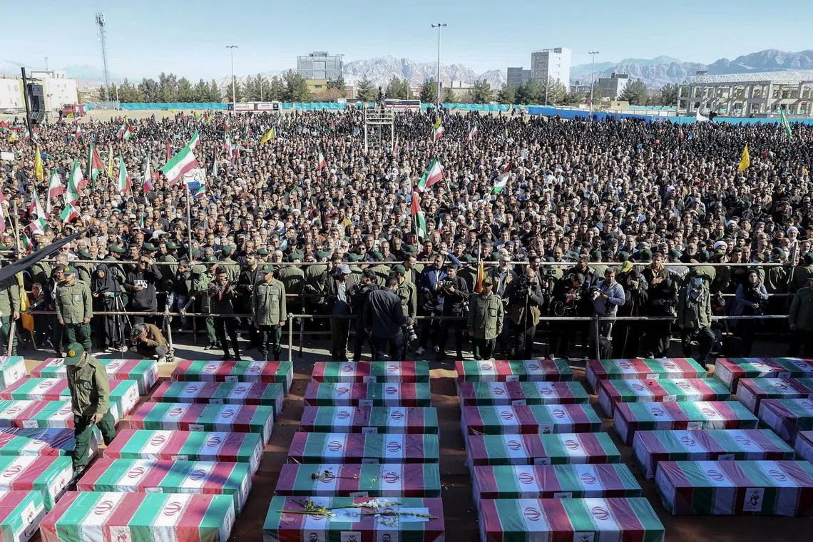 A funeral ceremony was held on Jan 5 for the victims of the twin explosions that struck a crowd commemorating Iranian top commander Soleimani on Jan 3. 