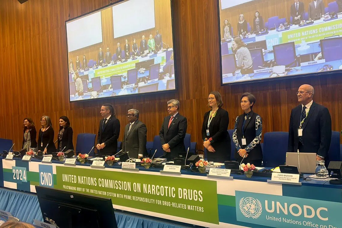 Second Minister for Home Affairs Josephine Teo (eighth from left) at the 67th session of the Commission on Narcotic Drugs, in Vienna, Austria.