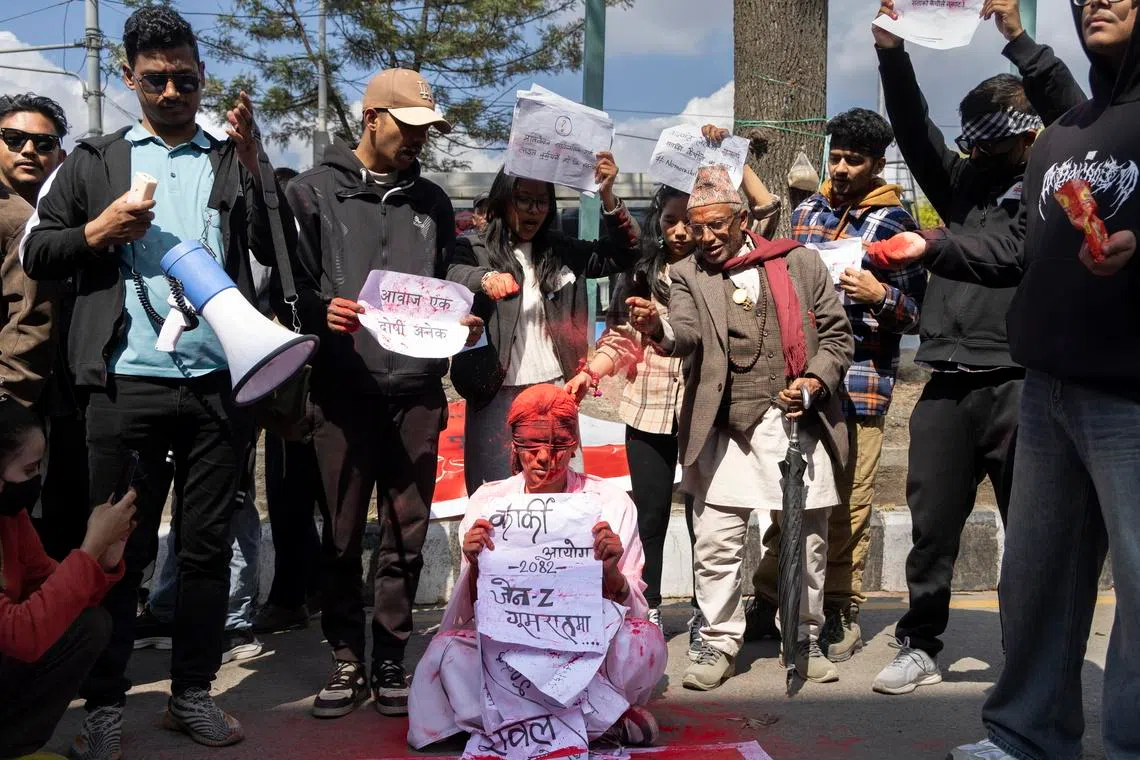 Nepalese Gen Zs stage a symbolic protest in Kathmandu, Nepal, on March 22, demanding the release of findings into the deadly September 2025 uprising, which forced the previous government to collapse.