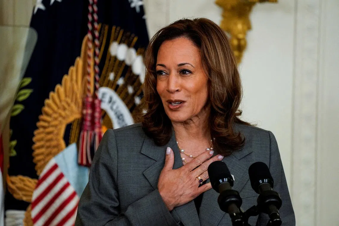 FILE PHOTO: Democratic presidential nominee Vice President Kamala speaks as she and U.S. President Joe Biden deliver remarks on gun violence in America, at the White House in Washington, U.S., September 26, 2024.  REUTERS/Elizabeth Frantz/File Photo