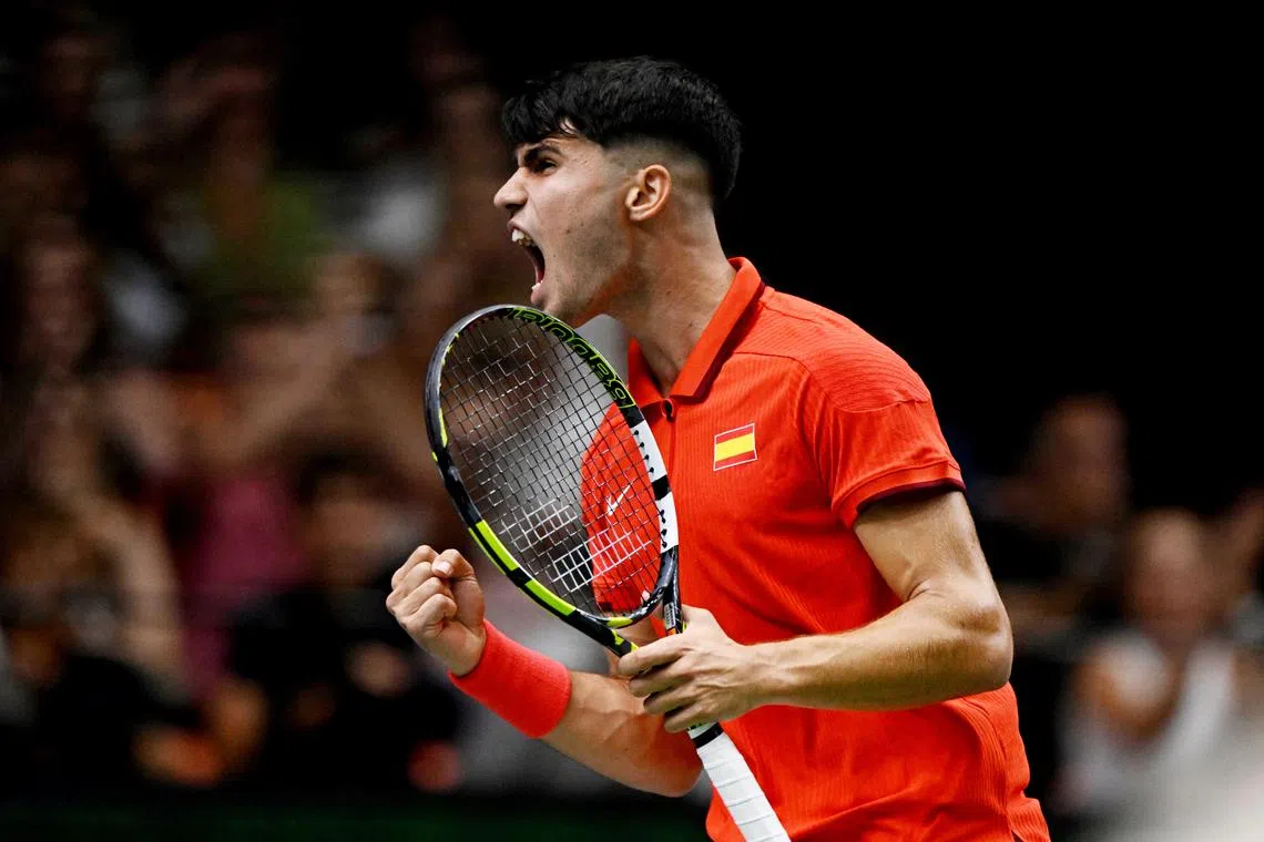 Spain's Carlos Alcaraz in action against the  Czech Republic's Tomas Machac in Valencia, Spain.