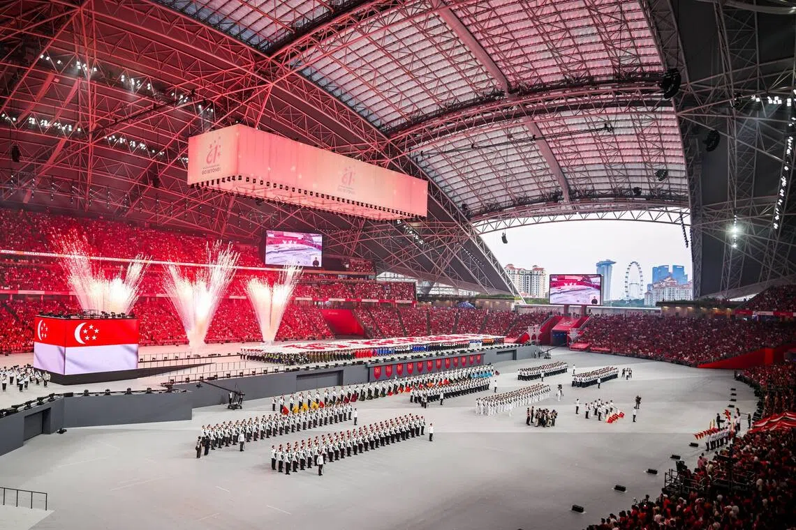 Pyrotechnics during the parade and ceremony segment at NDP 2026 at the National Stadium on Aug 9.