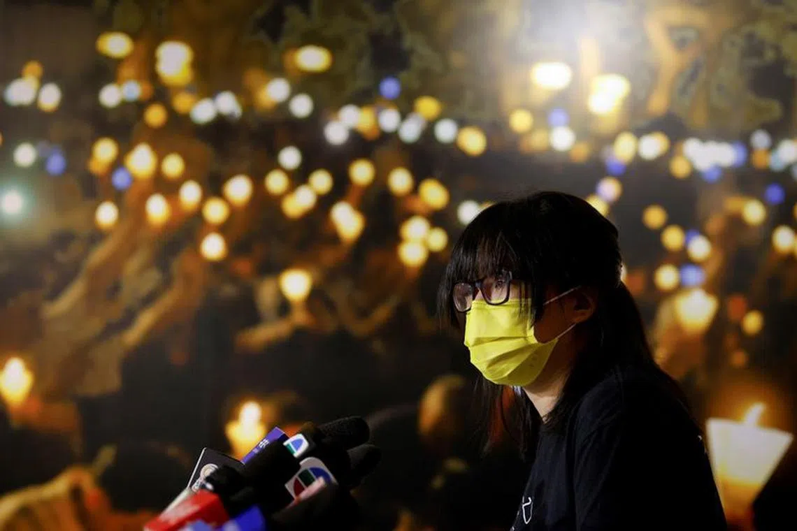 FILE PHOTO: Hong Kong Alliance in Support of Patriotic Democratic Movements of China Vice-Chairwoman Tonyee Chow Hang-tung attends a news conference responding on a police investigation over the National Security Law at the June 4th Museum in Hong Kong, China September 5, 2021. REUTERS/Tyrone Siu