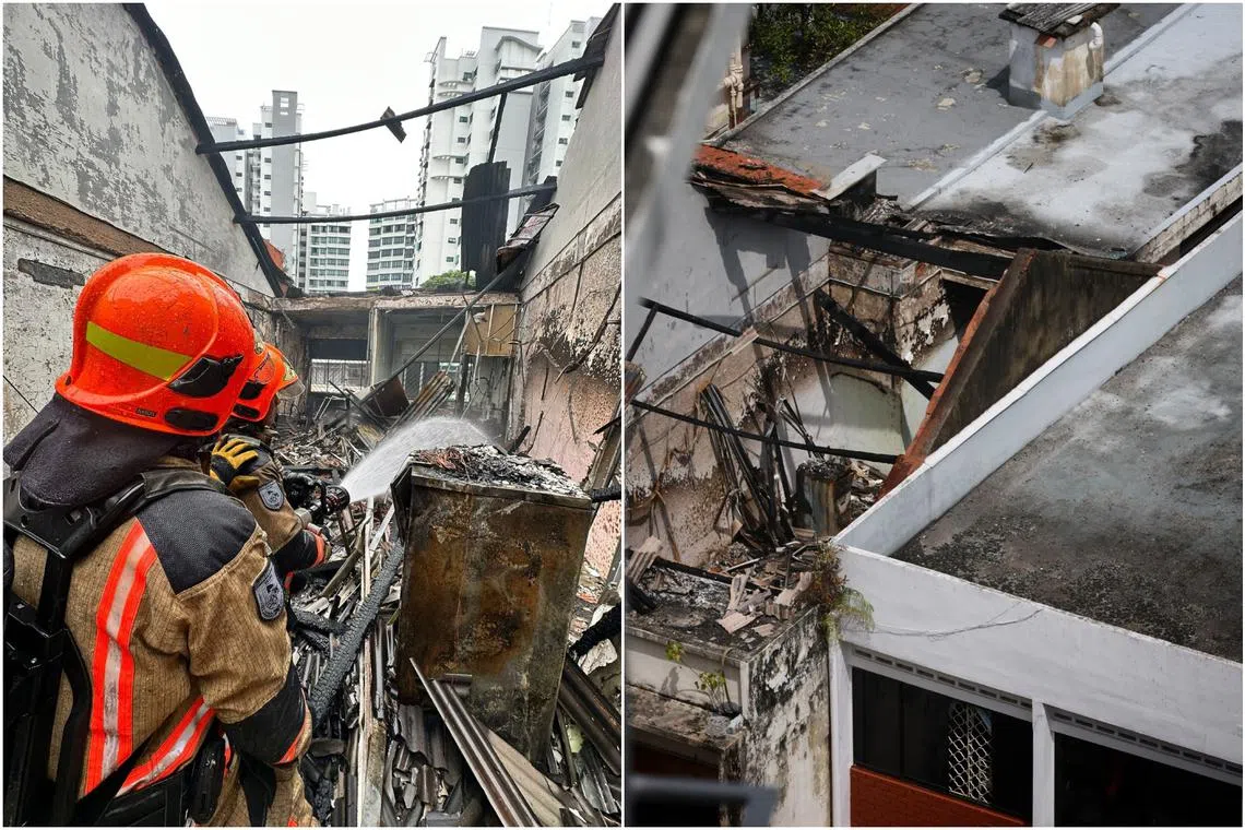 The fire had caused damage to the timber roofing structure on the third floor of the two shophouse units.