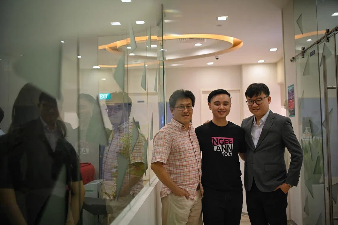 From left, Serial entrepreneur Desmond Lee, Perren Ong, a year 1 Business Studies Student and founder of Podables and The Sandbox Advocate, and CEO of Legatcy Dennis Poh, pictured at the NP-Carousell Sustainability Lab at Ngee Ann Polytechnic on Wednesday.