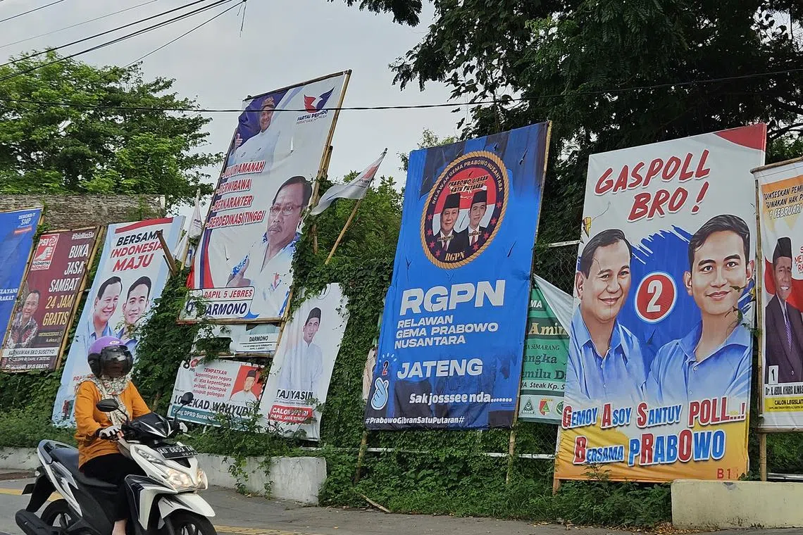 Huge posters all over Solo city, the hometown of President Joko Widodo and stronghold of Indonesian Democratic Party of Struggle (PDI-P), which has become the battleground in the Feb 14, 2024, election. Residents are torn between choosing Mr Widodo's son and vice-presidential candidate Gibran Rakabuming Raka, and presidential candidate and former Central Java governor Ganjar Pranowo, who is supported by the PDI-P. 