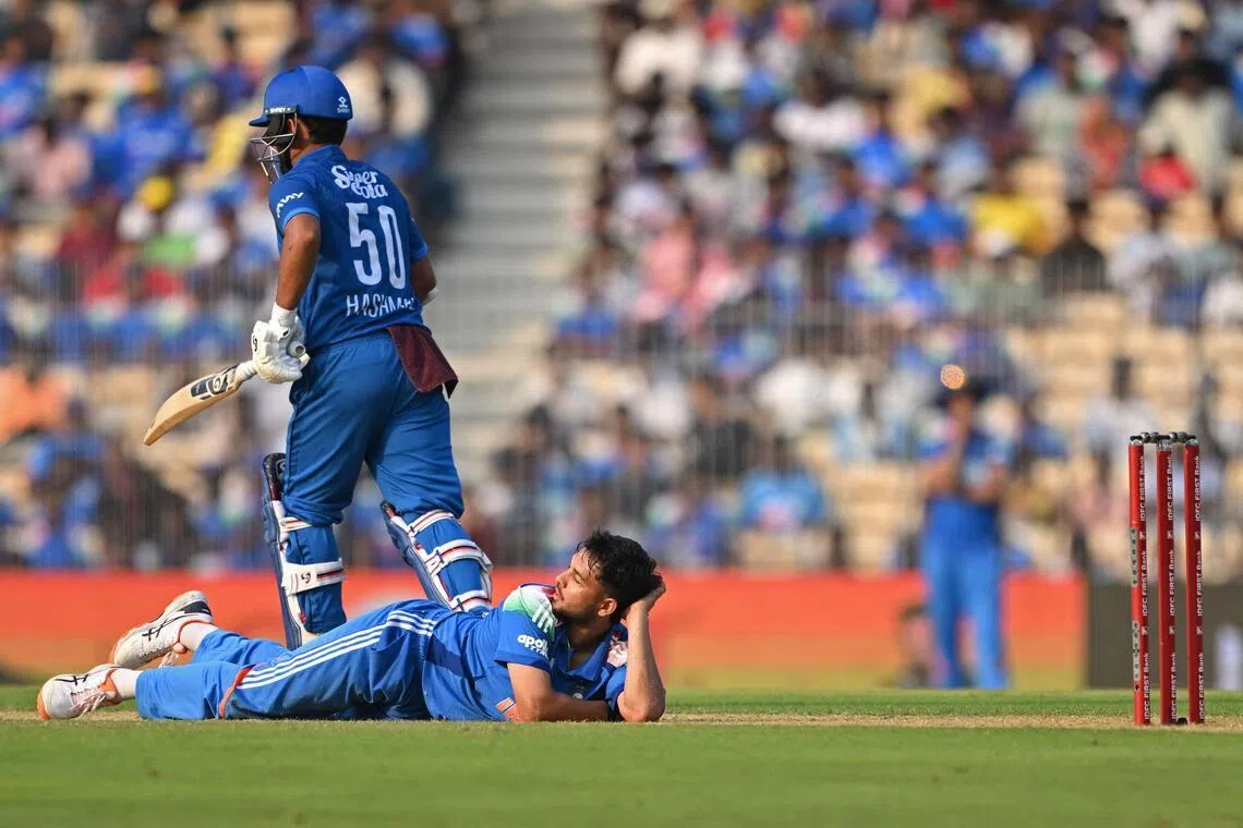 India's Harsh Dubey reacts after a delivery during the third one-day international (ODI) cricket match between India and Afghanistan at the MA Chidambaram Stadium in Chennai on June 20, 2026. (Photo by R. Satish BABU / AFP) / -- IMAGE RESTRICTED TO EDITORIAL USE - STRICTLY NO COMMERCIAL USE --