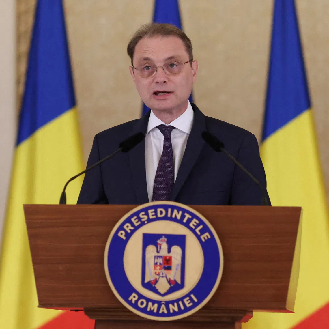 FILE PHOTO: Romania's Prime Minister-designate Luca Niculescu delivers a speech at Cotroceni Palace, in Bucharest, Romania, October 5, 2026. Inquam Photos/George Calin via REUTERS/File Photo