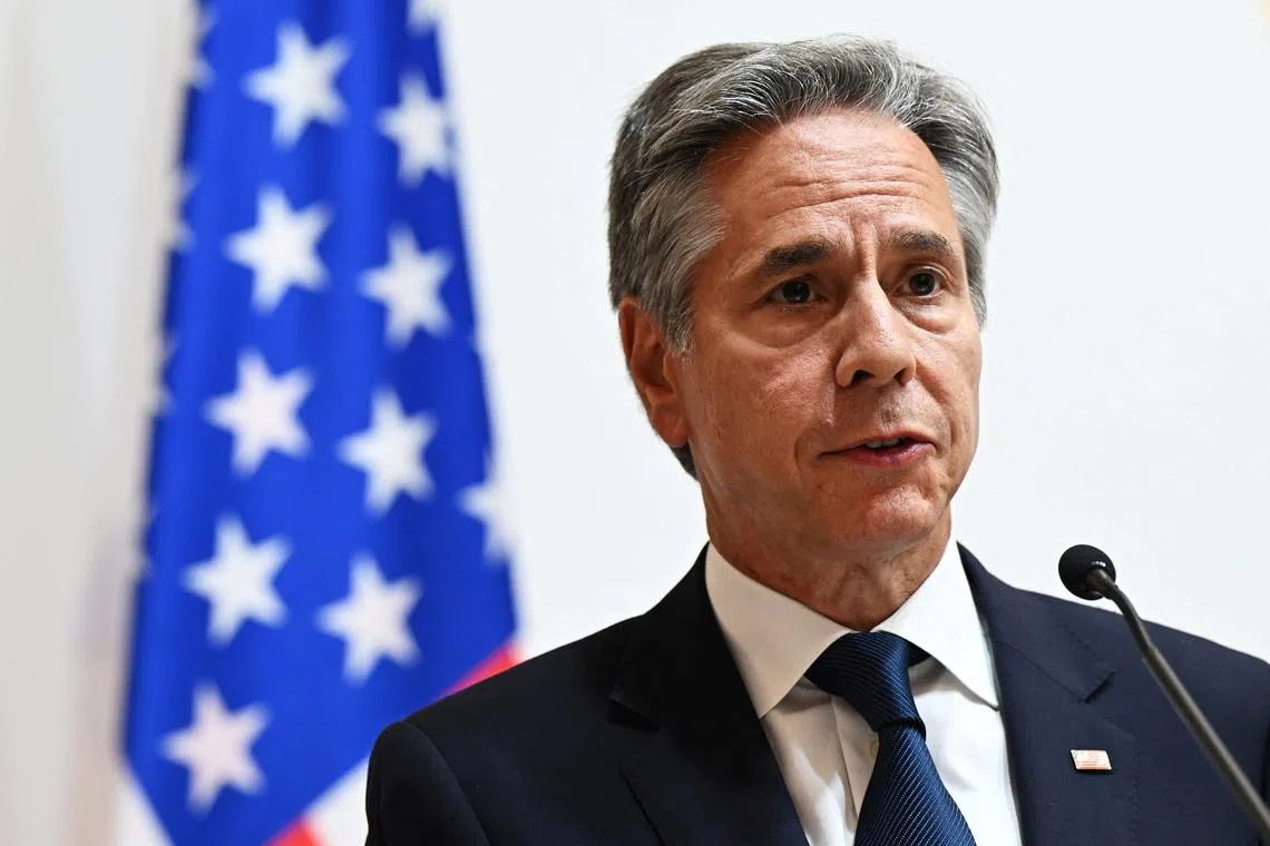 FILE PHOTO: US Secretary of State Antony Blinken gives a statement to the press on September 11, 2024 in Kyiv, Ukraine. Leon Neal/Pool via REUTERS/File Photo