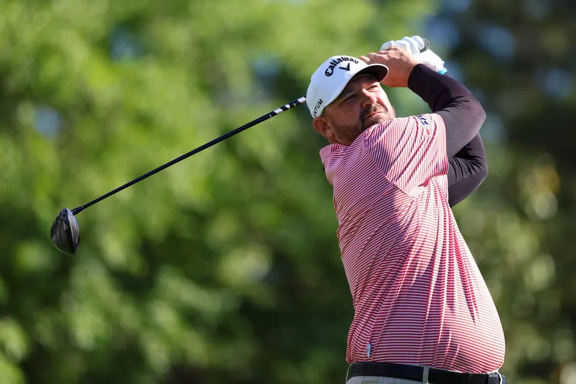 Apr 9, 2026; Augusta, Georgia, USA; Brandon Holtz plays his shot from the fifth tee during the first round of the Masters Tournament at Augusta National Golf Club. Mandatory Credit: Bill Streicher-Imagn Images