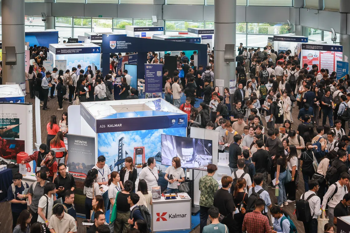 Students at NTU's Job-In Fair on Sept 2. More than 5,000 jobs are on offer at the career fair for the university’s students.