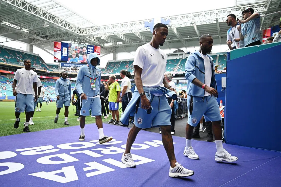 Soccer Football - FIFA World Cup 2026 - Quarter Final - Norway v England - Miami Stadium, Miami Gardens, Florida, U.S. - July 11, 2026 England's Ezri Konsa and Ivan Toney during a pitch walkaround before the match REUTERS/Dylan Martinez