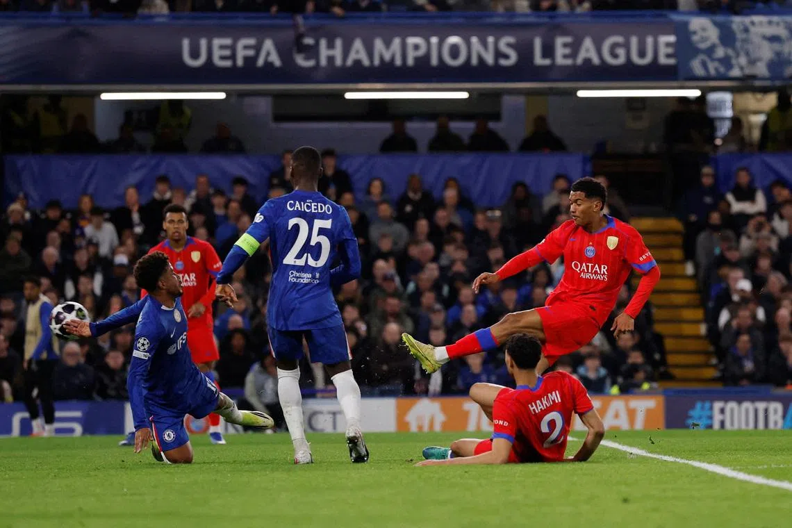 Soccer Football - UEFA Champions League - Round 16 - Second Leg - Chelsea v Paris St Germain - Stamford Bridge, London, Britain - March 17, 2026 Paris St Germain's Senny Mayulu scores their third goal. Action Images via Reuters/Andrew Couldridge
