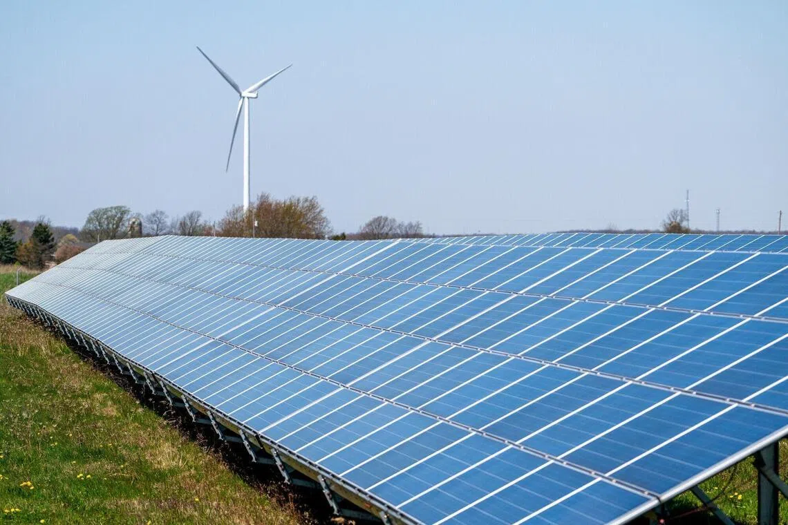 A wind turbine and solar panels in the Grand Renewable Energy Park in South Cayuga, Ontario, Canada, on May 4, 2026. 