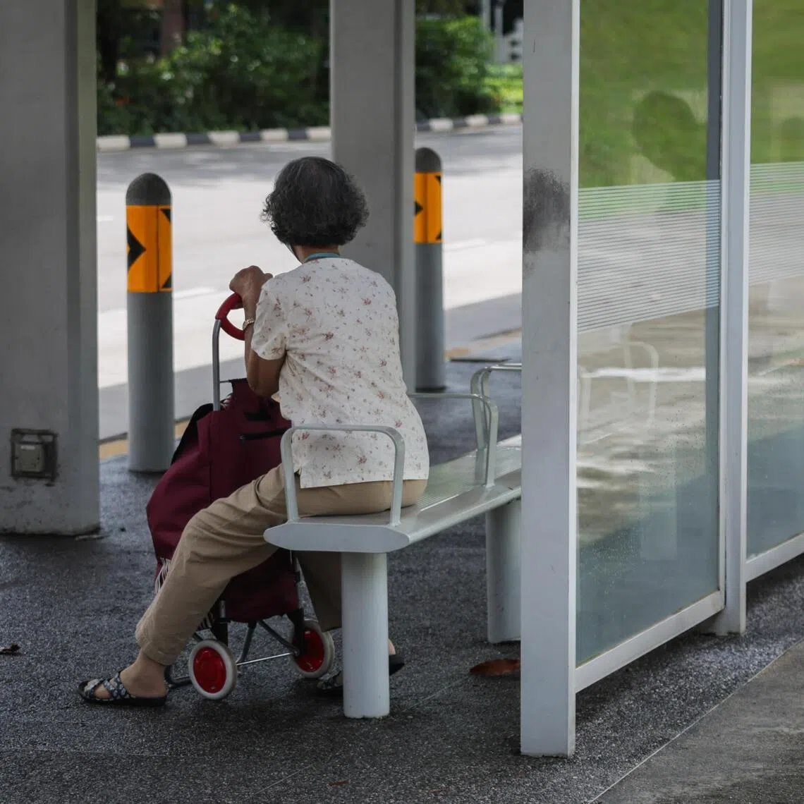 ST20260317_202634400725: Gin Tay/ pixgeneric
Generic photo of an elderly woman seated at a bus stop along Upper Thomson on Feb 27, 2026.
Can use for stories on ageing population, elderly care, public transport, cost of living, daily life, social support, community.